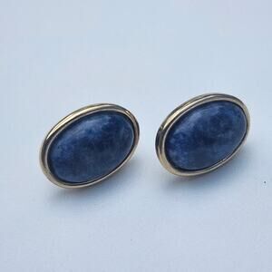 Blue Marbled Oval Cabochon Stud Earrings Gold Tone Post Costume Jewelry Retro